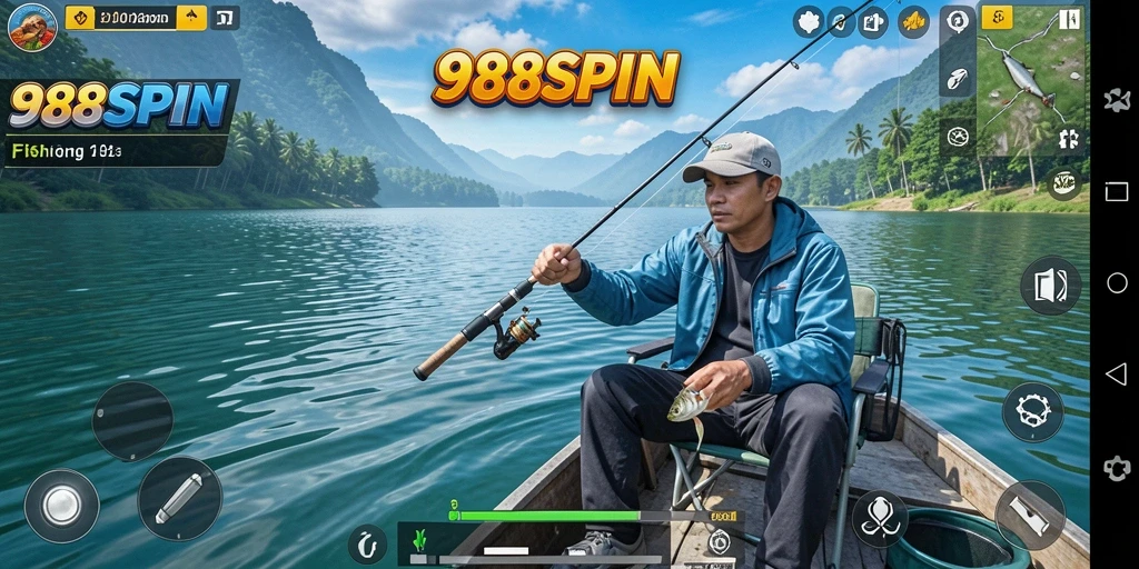 Screenshot utama 988SPIN menampilkan pemain yang sedang memancing di laut yang indah.