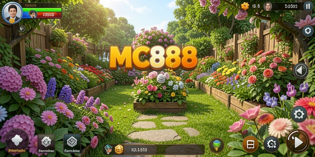 Tangkapan layar gameplay MC888 menampilkan kebun yang hijau dan hewan ternak yang bahagia.
