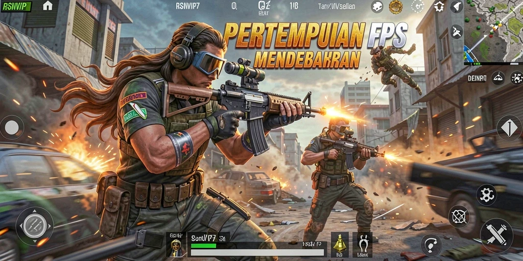 Screenshot RSNVIP7 menampilkan aksi tembak-menembak yang intens.